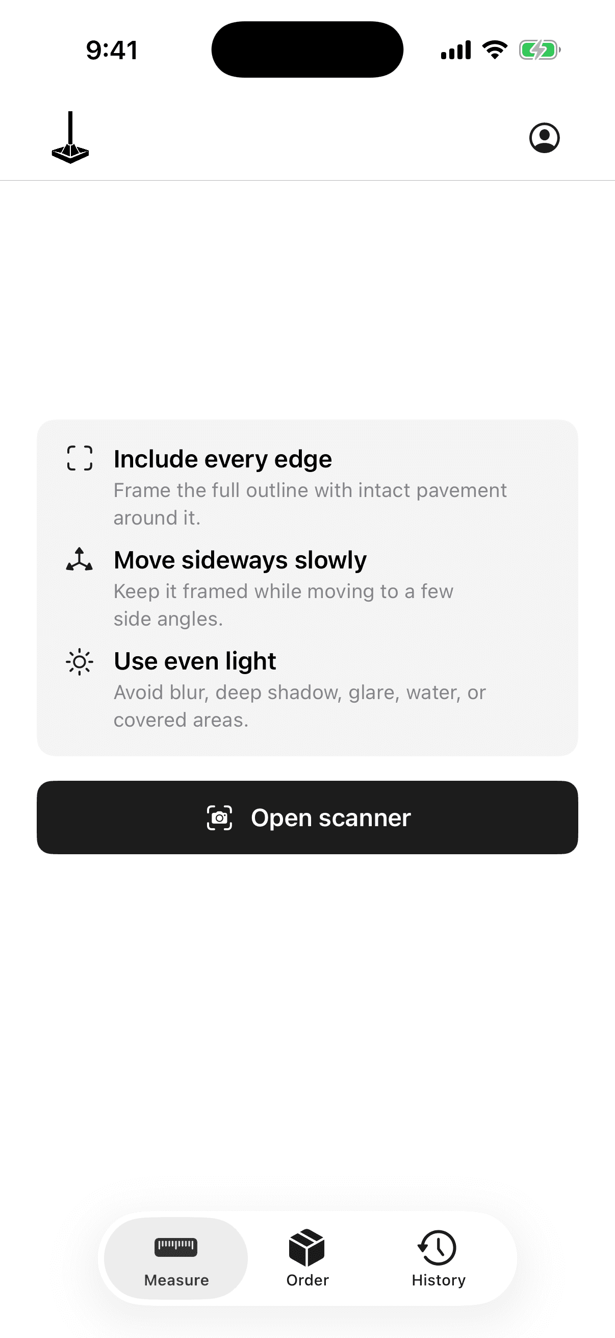 Patcher Measure screen with pavement scan instructions