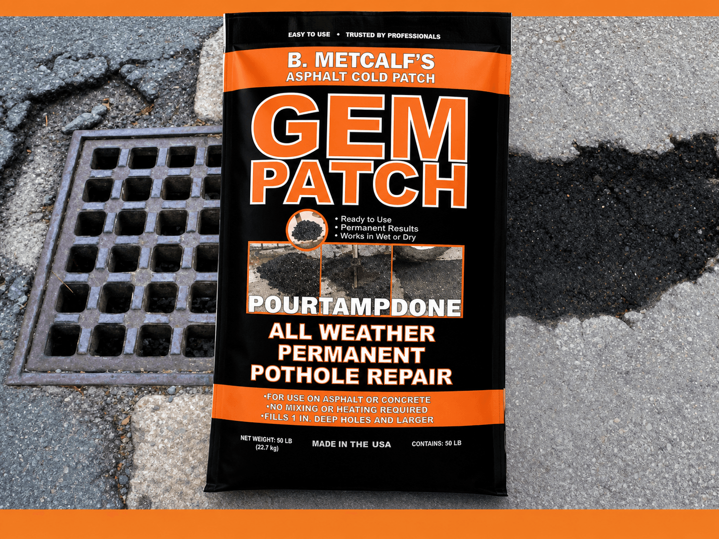 Gem Patch cold asphalt packaging beside a completed pavement repair